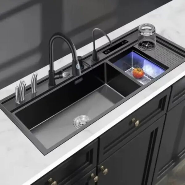 Black Brushed 304 Stainless Steel Multifunctional Kitchen Sink with Double Bowl Rectangular Single Square Counter Installation